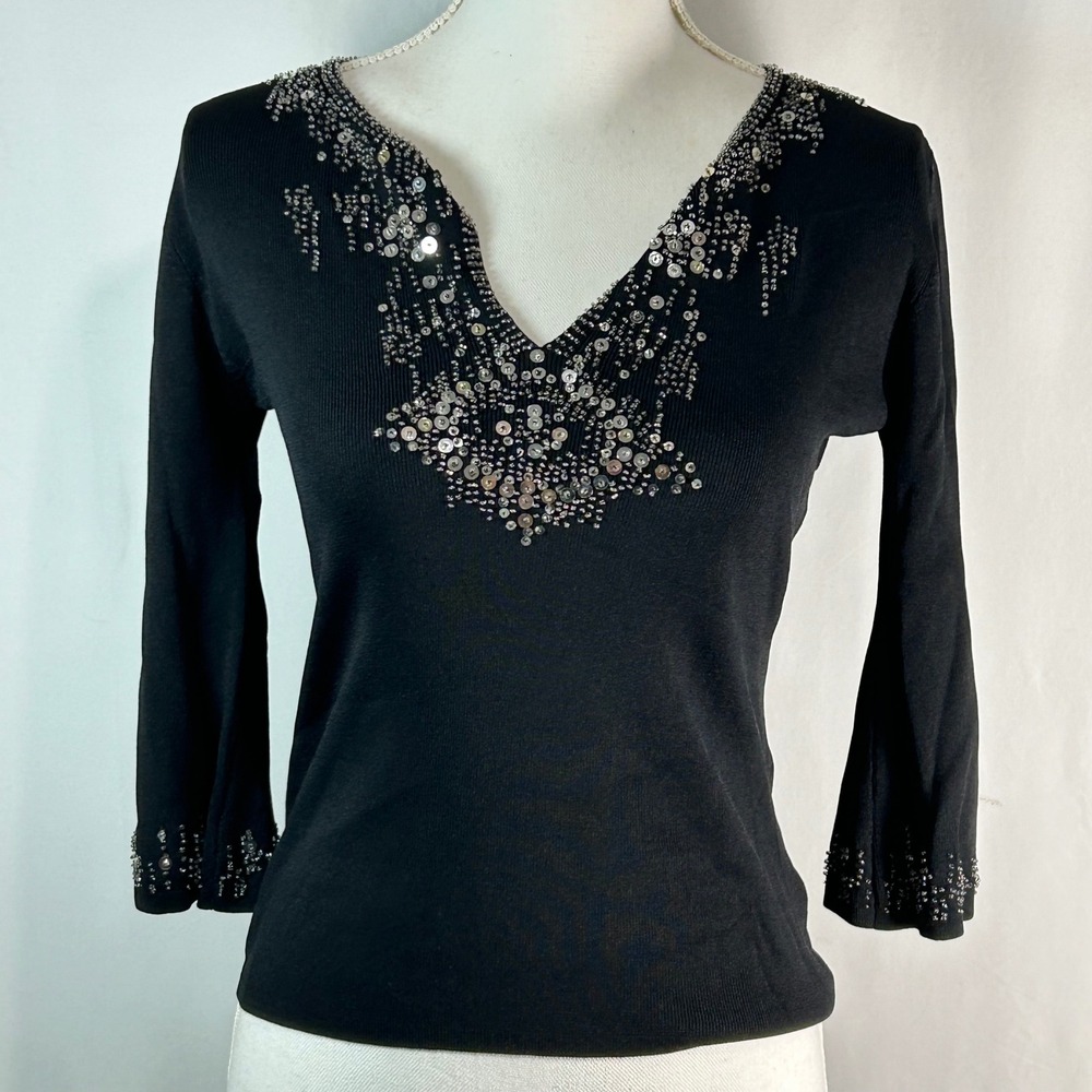 Joseph A Black Beaded Sequin V Neck‎ 3/4 Sleeve Sweater Top Women Size S